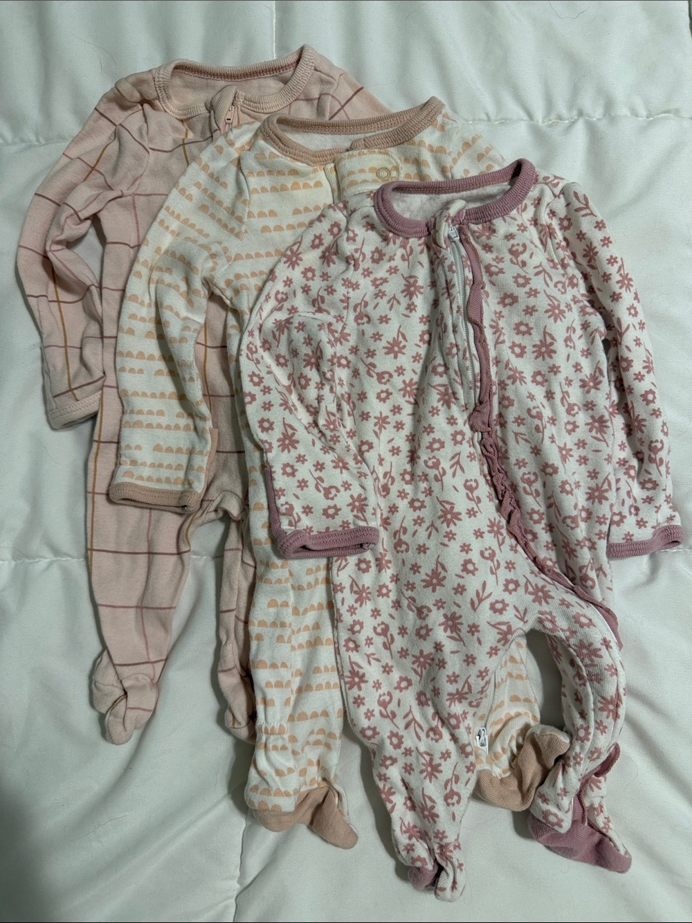 Set of 3 Pink Floral and Patterned Footie Pajamas Size Newborn